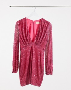Розовое платье мини, украшенное пайетками, с глубоким вырезом и длинными рукавами Club L London-Розовый цвет