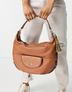 Большая светло-коричневая кожаная сумка на плечо с карманом спереди Paul Costelloe-Коричневый цвет