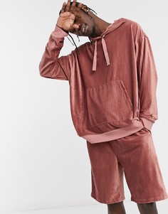 Велюровый пижамный комплект для дома с худи и шортами в рубчик ASOS DESIGN-Розовый цвет