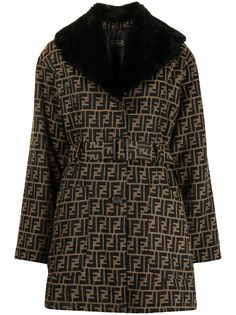 Fendi Pre-Owned однобортное пальто с поясом и логотипом FF