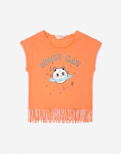 Оранжевая футболка с принтом и бахромой для девочки Gloria Jeans