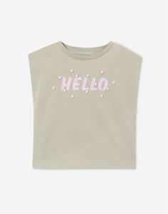 Оливковая футболка HELLO с бусинами для девочки Gloria Jeans