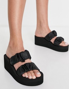 Черные сандалии-мюли на плоской подошве с присборенными ремешками Truffle Collection-Черный цвет