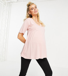 Пудрово-розовая свободная футболка с V-образным вырезом ASOS DESIGN Maternity-Розовый цвет