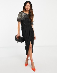 Черное платье миди с декоративной отделкой и юбкой с запахом Virgos Lounge Nicola-Черный цвет