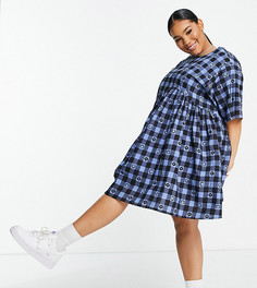 Синее клетчатое платье мини с присборенной юбкой из жатой ткани COLLUSION Plus-Многоцветный