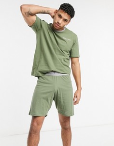 Комплект одежды для дома цвета хаки в стиле oversized из шорт и футболки с логотипом на груди Only & Sons-Зеленый цвет