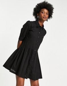 Свободное поплиновое платье мини с застежкой на пуговицах спереди Pimkie-Черный цвет