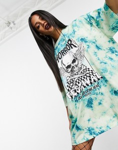 Платье-футболка зеленого цвета в стиле oversized с принтом тай-дай и рисунком с надписью "Horror" ASOS DESIGN-Мульти