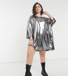 Серебристое платье-футболка с эффектом «металлик» в стиле oversized ASOS DESIGN Curve-Серебристый