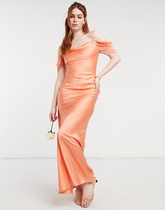 Атласное платье-комбинация мидакси для подружки невесты персикового цвета с открытыми плечами Hope & Ivy-Розовый цвет