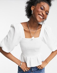 Кремовая блузка с присборенным лифом и объемными рукавами New Look-Белый