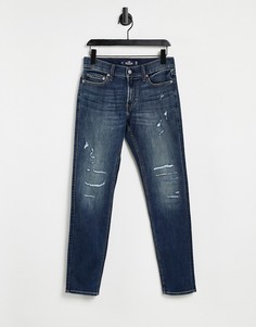 Темно-выбеленный зауженные джинсы с эффектом потертости Hollister-Голубой