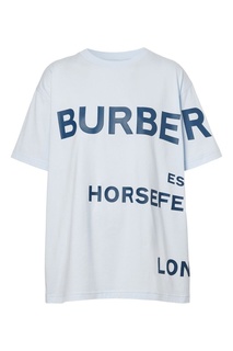 Голубая хлопковая футболка оверсайз с синими надписями Burberry