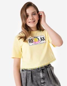 Жёлтая укороченная футболка с принтом Relax для девочки Gloria Jeans
