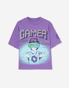 Фиолетовая футболка oversize с принтом GAMER для мальчика Gloria Jeans