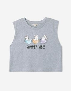 Серый кроп-топ с принтом Summer vibes для девочки Gloria Jeans