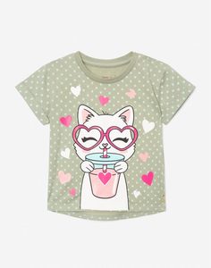 Оливковая футболка с котиками для девочки Gloria Jeans