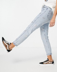 Выбеленные джинсы в винтажном стиле с сердечками из стразов Topshop-Голубой