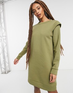 Трикотажное платье мини цвета хаки с уплотненными плечами Pieces-Зеленый цвет