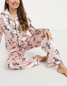 Атласный пижамный комплект из штанов и топа с длинными рукавами светло-розового цвета с принтом зебры-Розовый Night