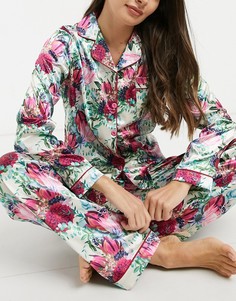 Атласный пижамный комплект из штанов и топа с длинными рукавами кремового цвета с цветочным принтом-Мульти Night