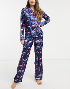 Атласный пижамный комплект из штанов и топа с длинными рукавами темно-синего цвета с принтом фламинго-Темно-синий Night
