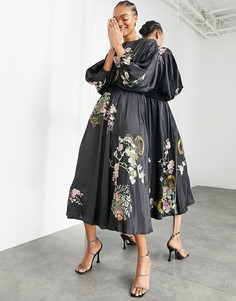 Атласное платье миди черного цвета с цветочной вышивкой ASOS EDITION-Черный