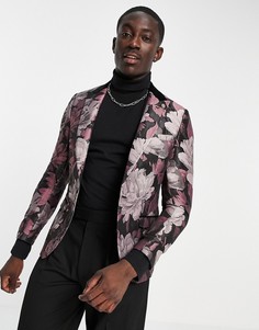Черно-розовый пиджак с контрастным отворотом и жаккардовым цветочным принтом Twisted Tailor-Розовый цвет