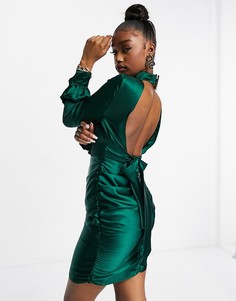 Бирюзовое атласное платье мини с бантом на спине Club L-Зеленый цвет