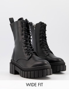 Черные высокие ботинки для широкой стопы на шнуровке и массивной подошве Truffle Collection-Черный цвет