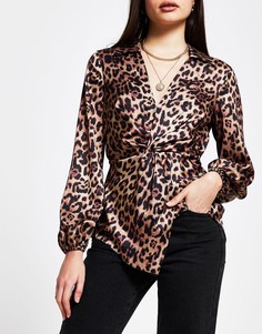Коричневая рубашка с леопардовым принтом и перекрученной отделкой спереди River Island-Коричневый цвет