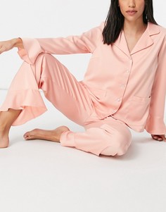 Эксклюзивный пижамный комплект розового цвета из рубашки и брюк с оборками снизу Y.A.S-Розовый цвет
