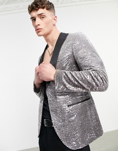 Серебристый пиджак с контрастными лацканами и пайетками Twisted Tailor