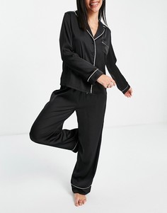 Черная атласная пижама с рубашкой с длинными рукавами и брюками ASOS DESIGN-Черный