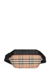 Средняя бежевая поясная сумка из ткани в клетку Burberry