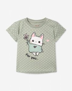 Оливковая футболка с котиками для девочки Gloria Jeans