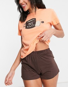 Коричневая пижама с шортами и принтом "Hot Stuff" на топе Brave Soul-Оранжевый цвет