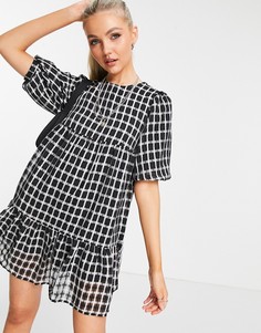 Черное платье мини в клетку с объемными рукавами и присборенной юбкой New Look-Черный цвет