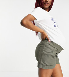 Льняные шорты цвета хаки с широкими штанинами, складками спереди и резинкой под животом ASOS DESIGN Maternity-Зеленый цвет