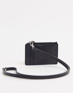 Черный кожаный кошелек на шею с ремешком, отделениями для карт и молнией ASOS DESIGN