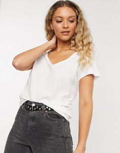 Футболка цвета экрю премиального класса с глубоким вырезом Topshop-Серый