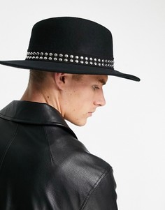 Черная шляпа с плоской круглой тульей, широкими полями, отделкой заклепками и регулятором размера ASOS DESIGN-Черный цвет