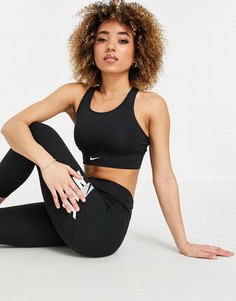 Черный удлиненный спортивный бюстгальтер со средним уровнем поддержки и логотипом-галочкой Nike Training-Черный цвет