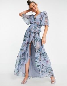 Голубое платье макси на запахе с расклешенными рукавами и цветочным принтом Hope & Ivy-Голубой