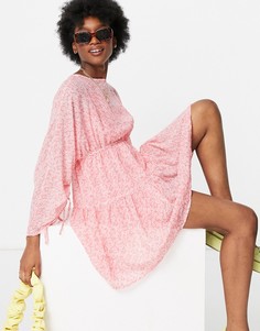 Платье мини с присборенными рукавами и цветочным принтом Influence-Розовый цвет