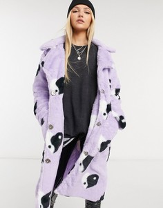 Сиреневое удлиненное пальто из искусственного меха с принтом "Инь-ян" в форме сердца Daisy Street-Фиолетовый цвет