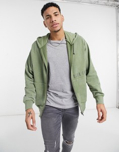 Oversized-худи на молнии выбеленного цвета хаки с вышивкой на спине ASOS Dark Future-Зеленый цвет