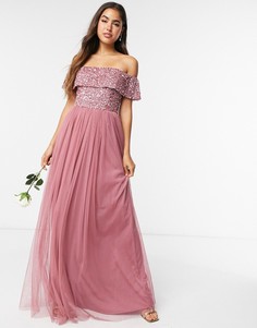 Розовое платье макси с открытыми плечами, пайетками и юбкой из тюля Maya Bridesmaid-Розовый