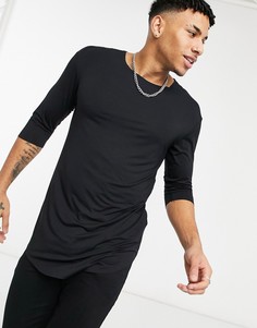 Черная длинная футболка с драпировкой и рукавами «3/4» Jack & Jones Premium-Черный цвет